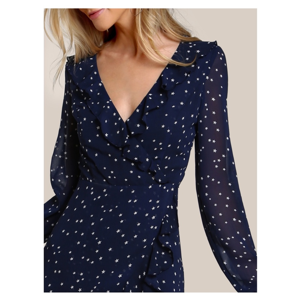❗️Blue White Stars Long Sleeve Frilled Wrap Dress - Picture 4 of 8